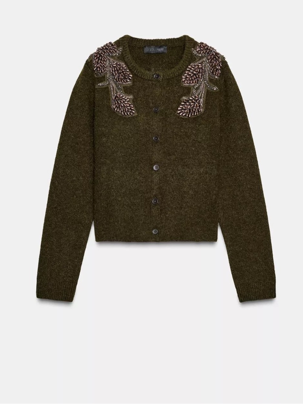 NWT Zara Green/Brown Wool Blend Beaded Cardigan. Size L. - Picture 7 of 13